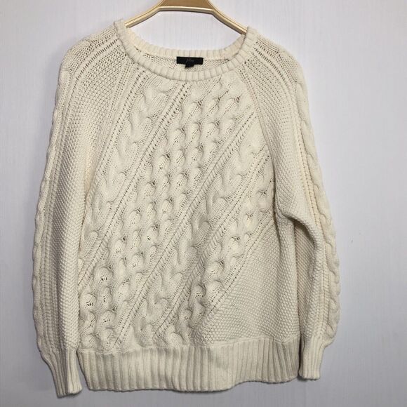 J.CREW Sweater Womens Large Cream Diagonal Cable Knit Crewneck Chunky 3D - Picture 1 of 12